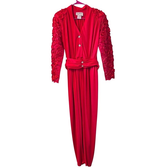 Vintage Claralura Red‎ Jumpsuit L/S Rhinestone Button Lace Sleeve USA 80s Glam - Picture 2 of 12
